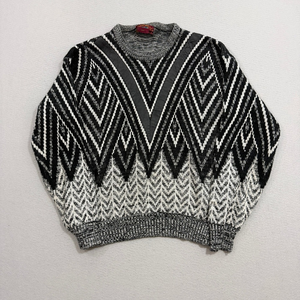 Vintage Geometric Knit Sweater Men XL Black Leather Trim Pullover Knit Fair Isle